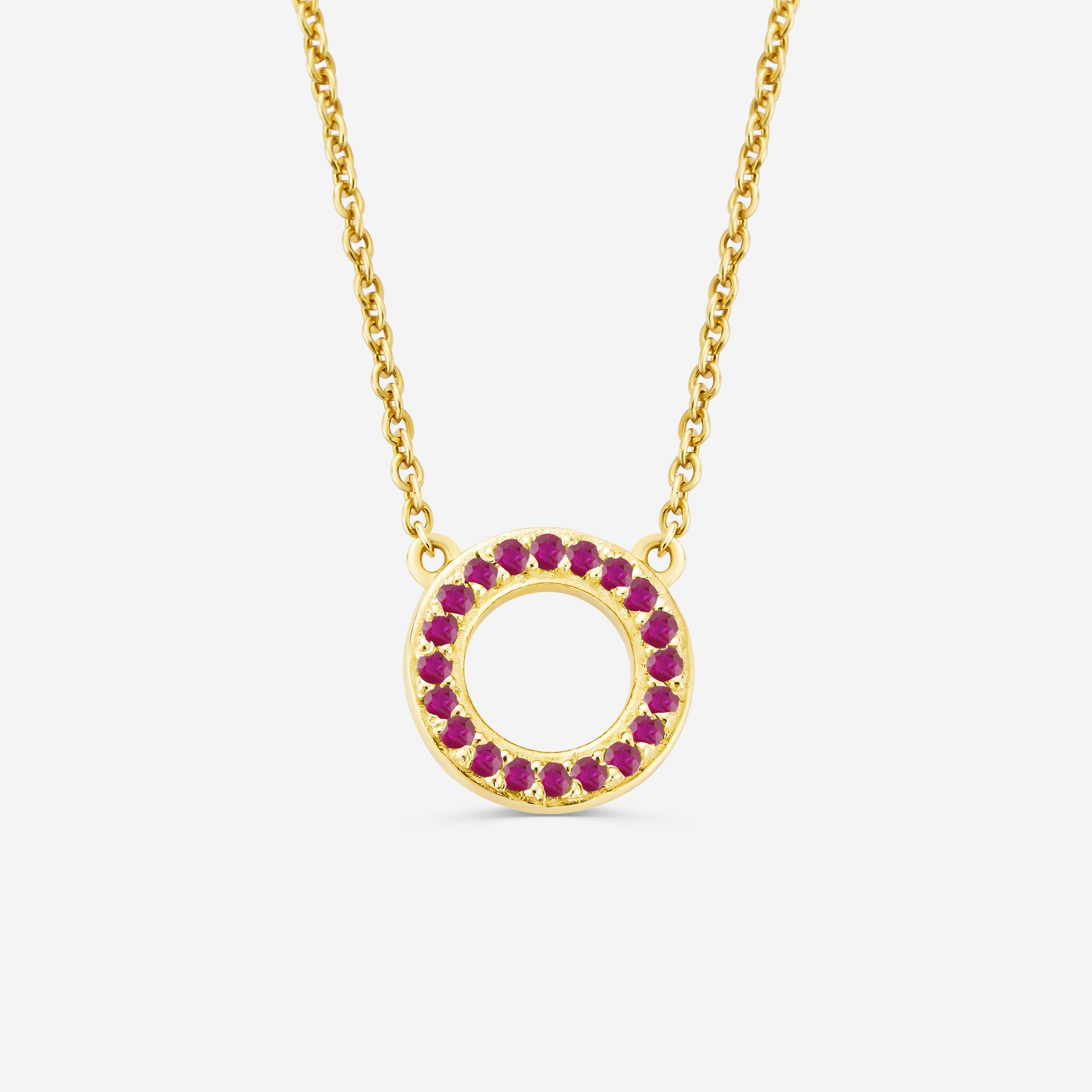 14ct yellow gold eternity necklace with a circular pendant featuring red ruby gemstones on an off white background