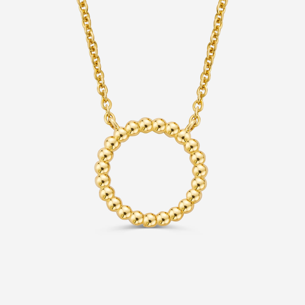 14ct gold necklace with a round beaded pendant on a white background