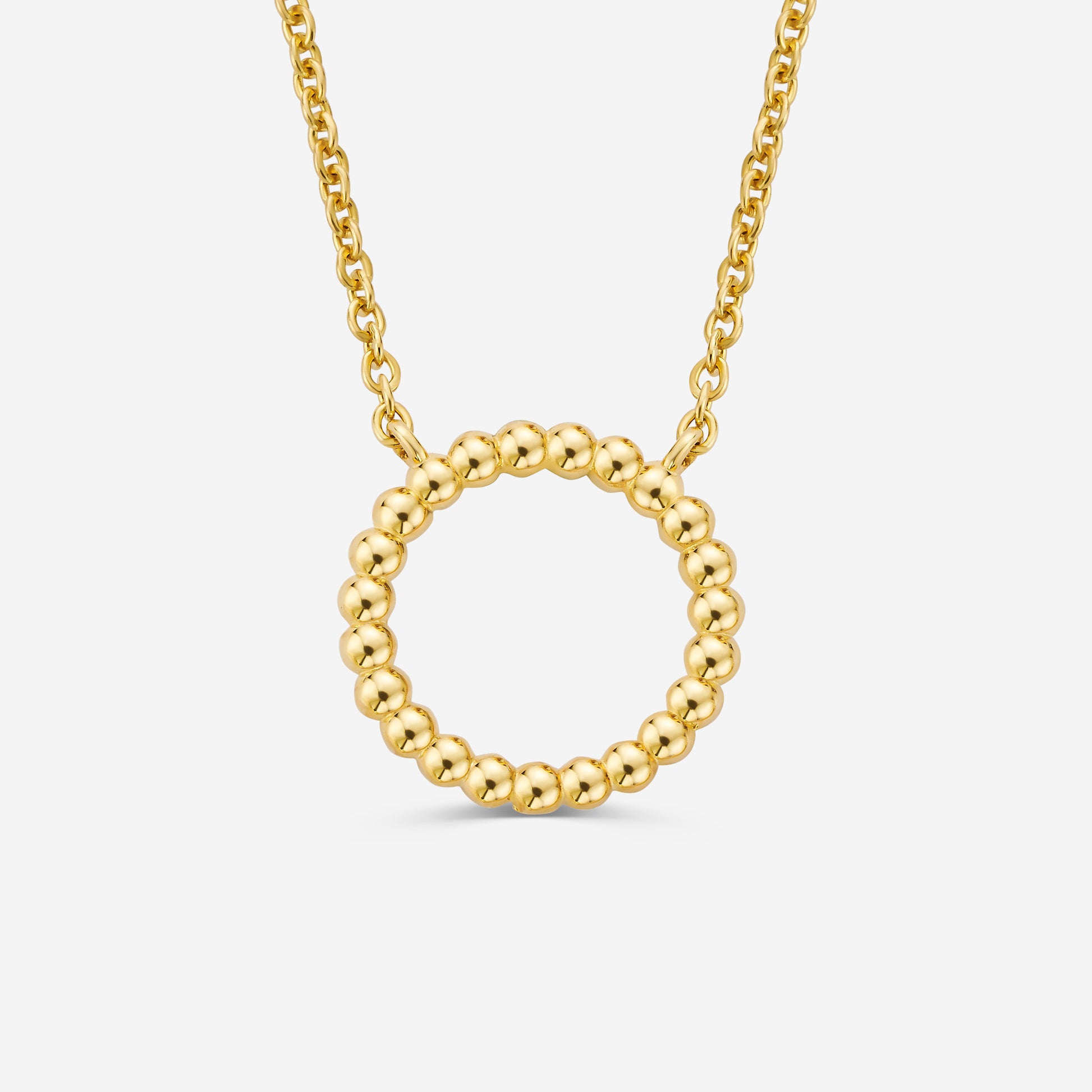 14ct gold necklace with a round beaded pendant on a white background