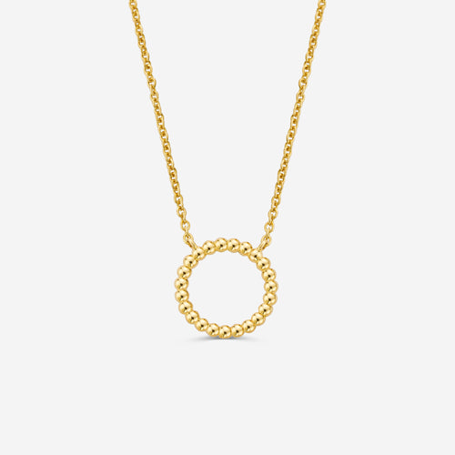 14ct gold necklace with a circular beaded pendant on a off white background