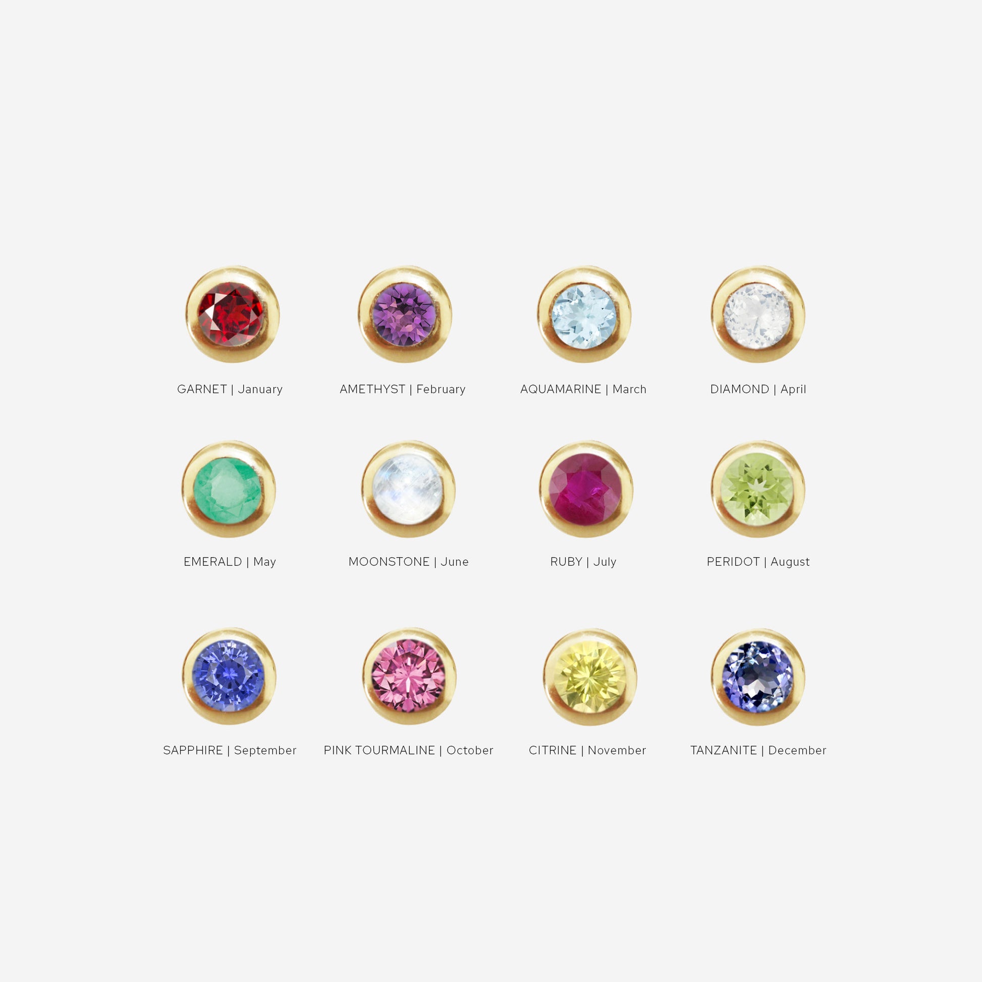 Illustrations of 12 birthstones 9ct yellow gold charms with their corresponding months on an off white background