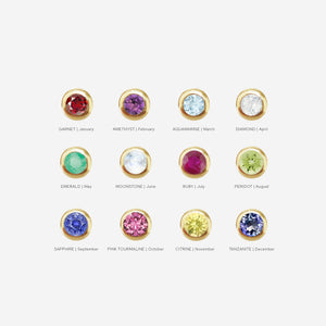 Illustrations of 12 birthstones 9ct yellow gold charms with their corresponding months on an off white background