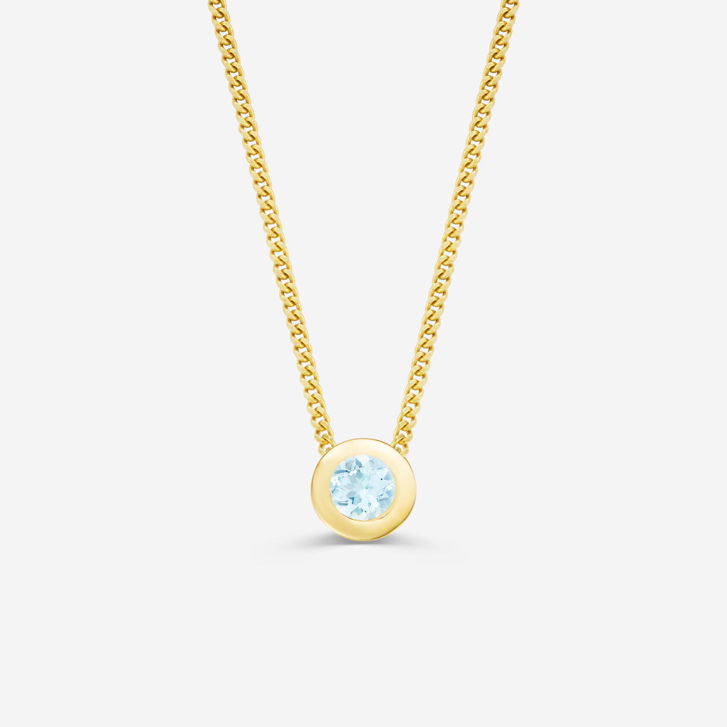 9ct yellow gold necklace with a round aquamarine pendant on an off white background