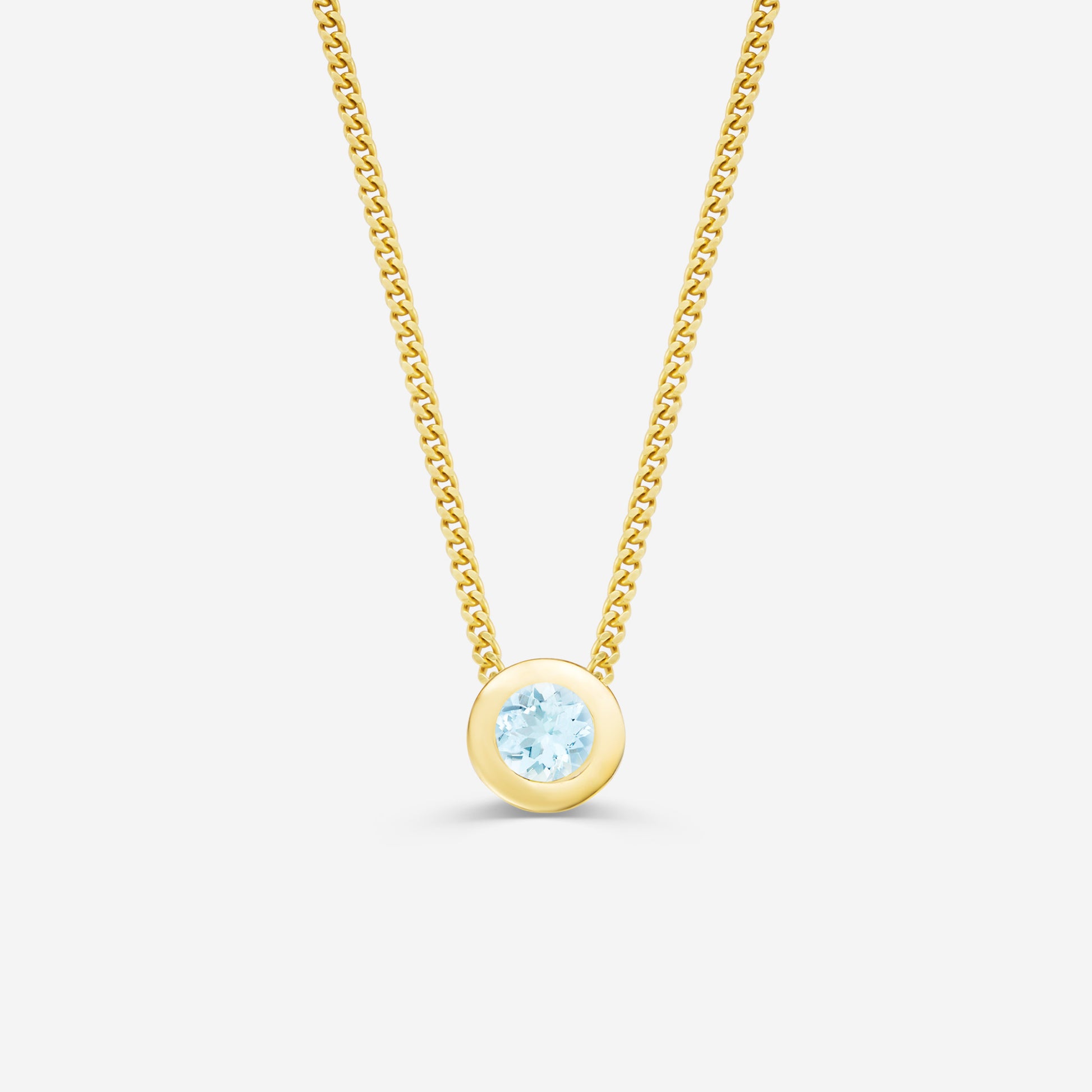 9ct yellow gold necklace with a round aquamarine pendant on an off white background