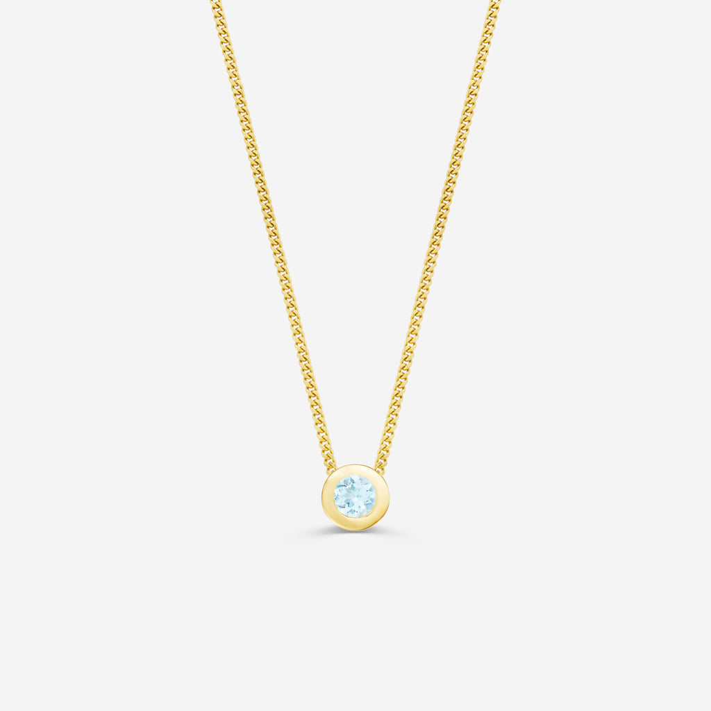 9ct yellow gold necklace with a round aquamarine pendant on an off white background