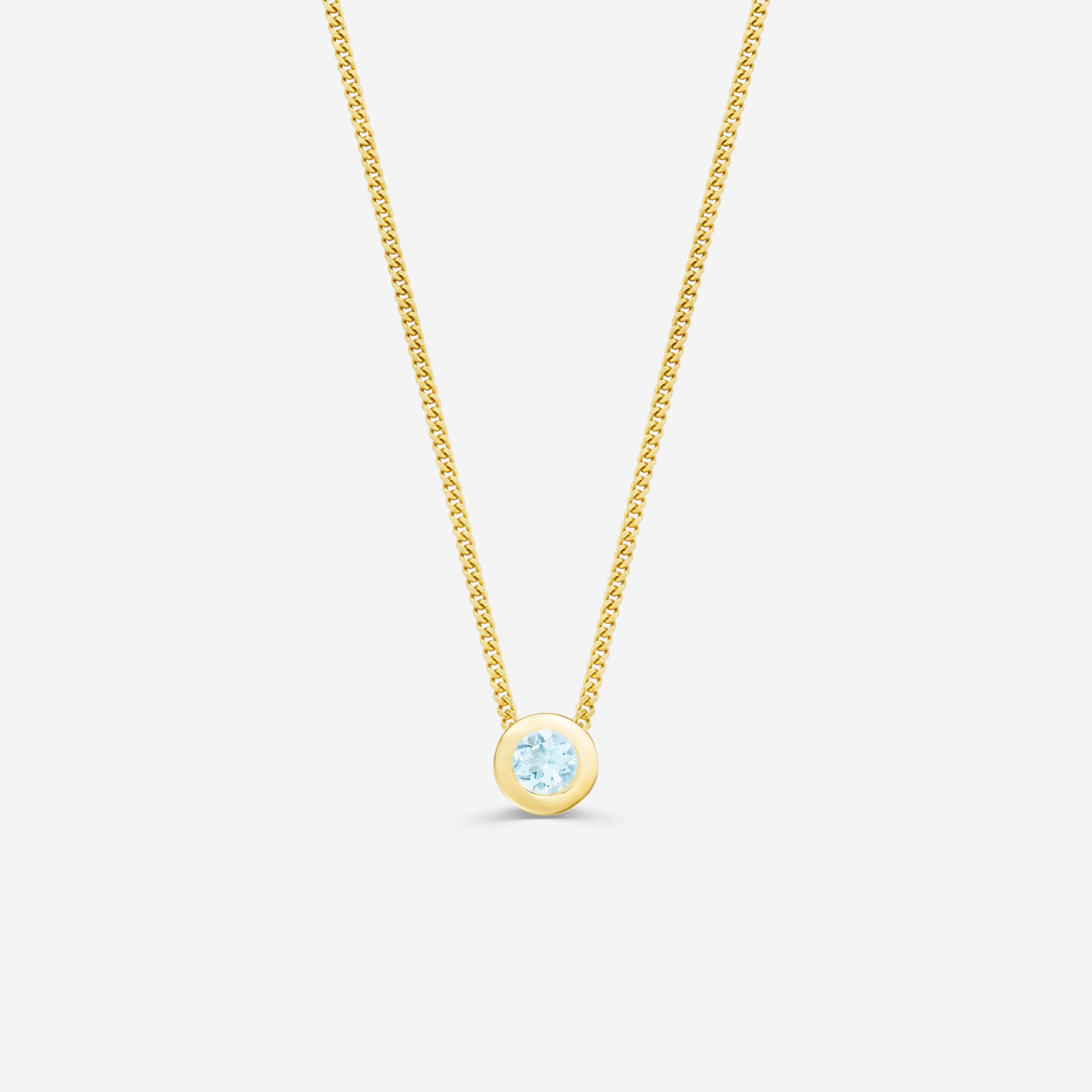 9ct yellow gold necklace with a round aquamarine pendant on an off white background