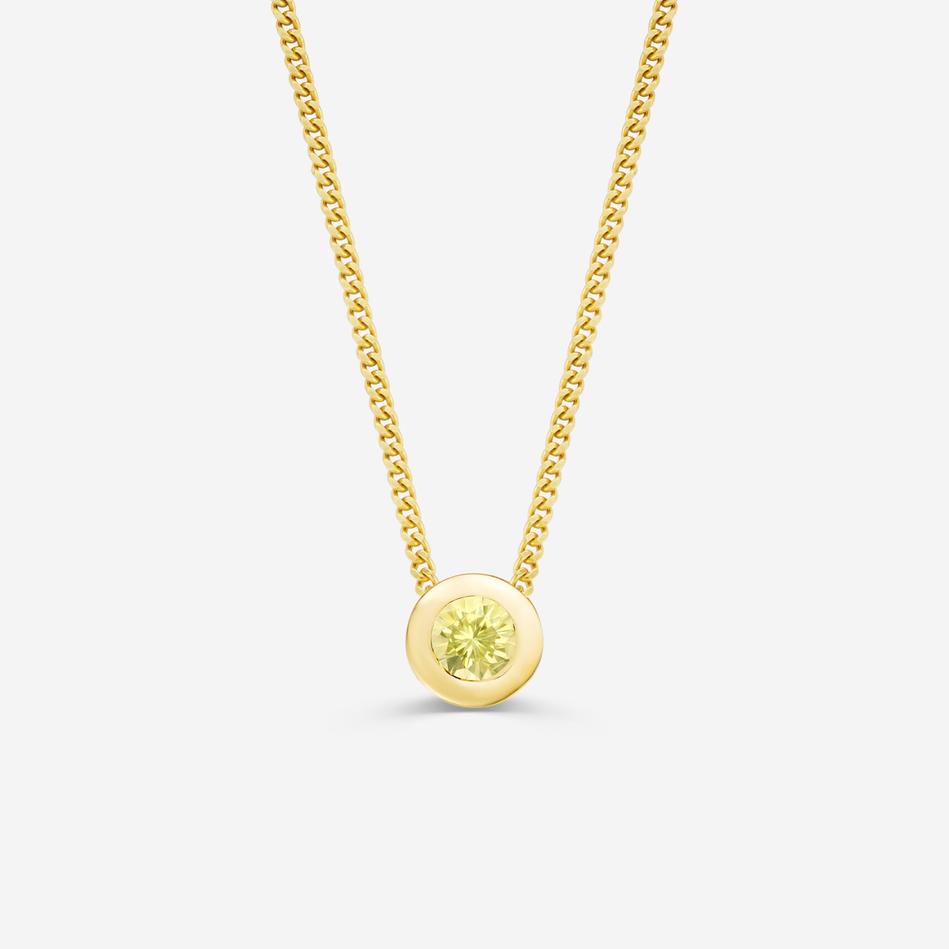 9ct yellow gold necklace with a round citrine pendant on an off white background