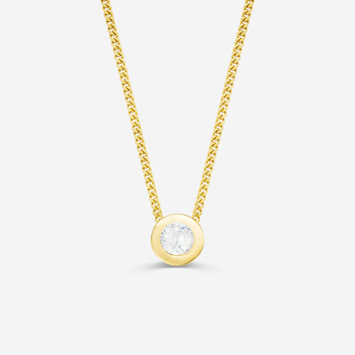 9ct yellow gold necklace with a round diamond pendant on an off white background