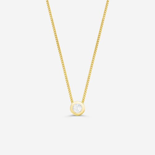 9ct yellow gold necklace with a round diamond pendant on an off white background