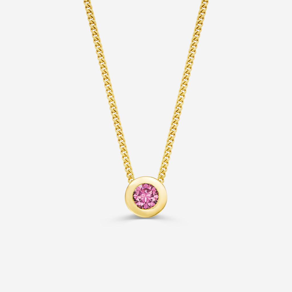 9ct yellow gold necklace with a round pink tourmaline pendant on an off white background