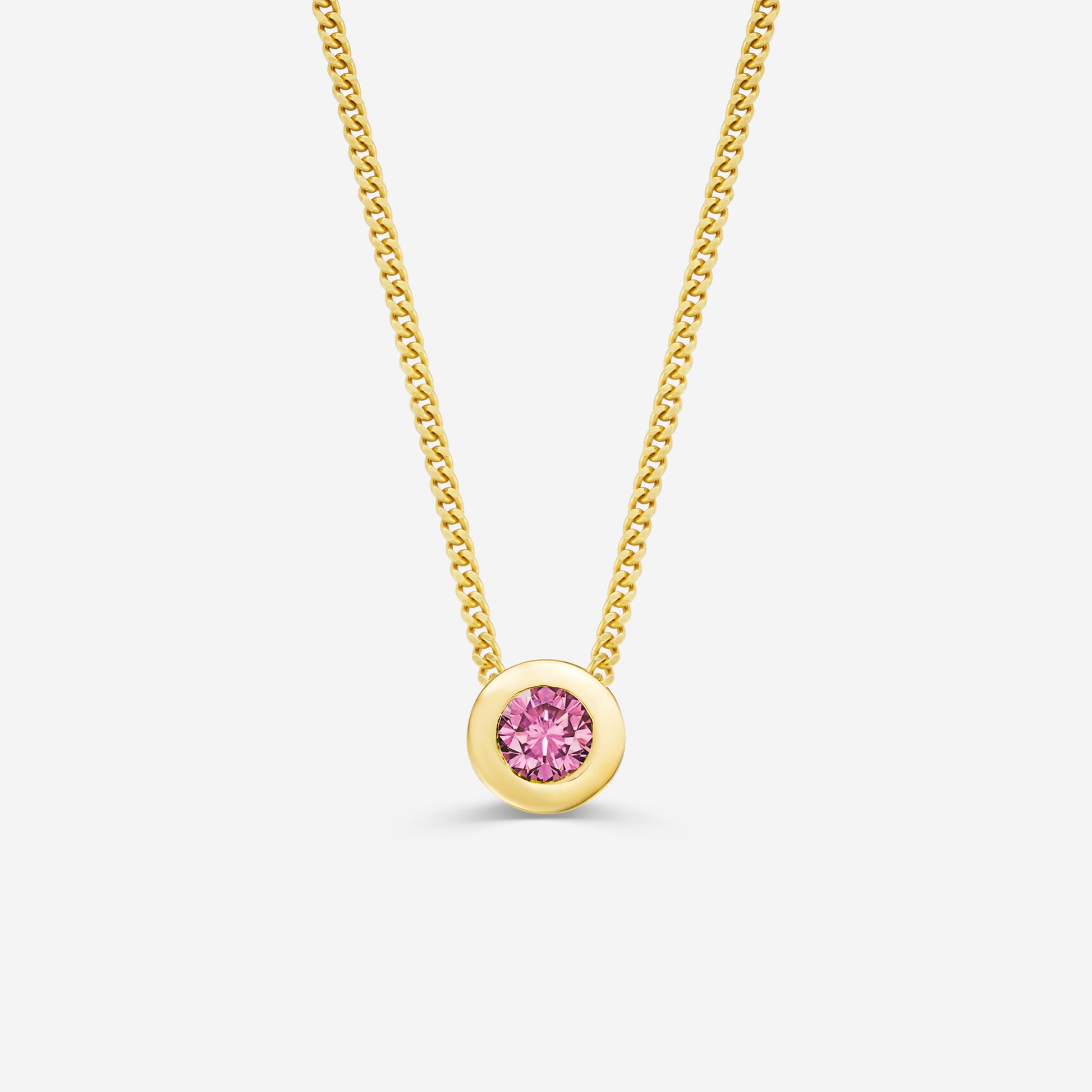 9ct yellow gold necklace with a round pink tourmaline pendant on an off white background