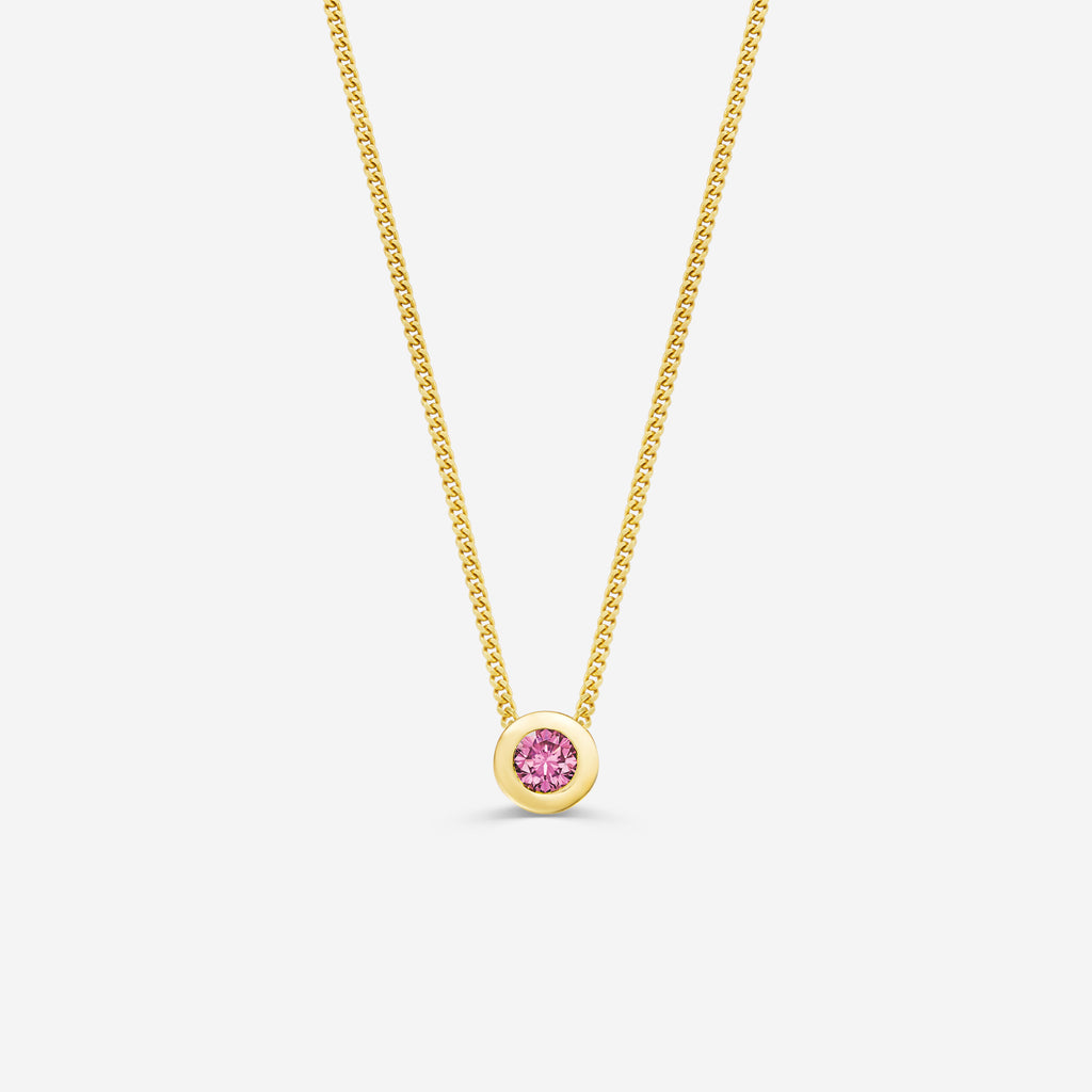 9ct yellow gold necklace with a round pink tourmaline pendant on an off white background