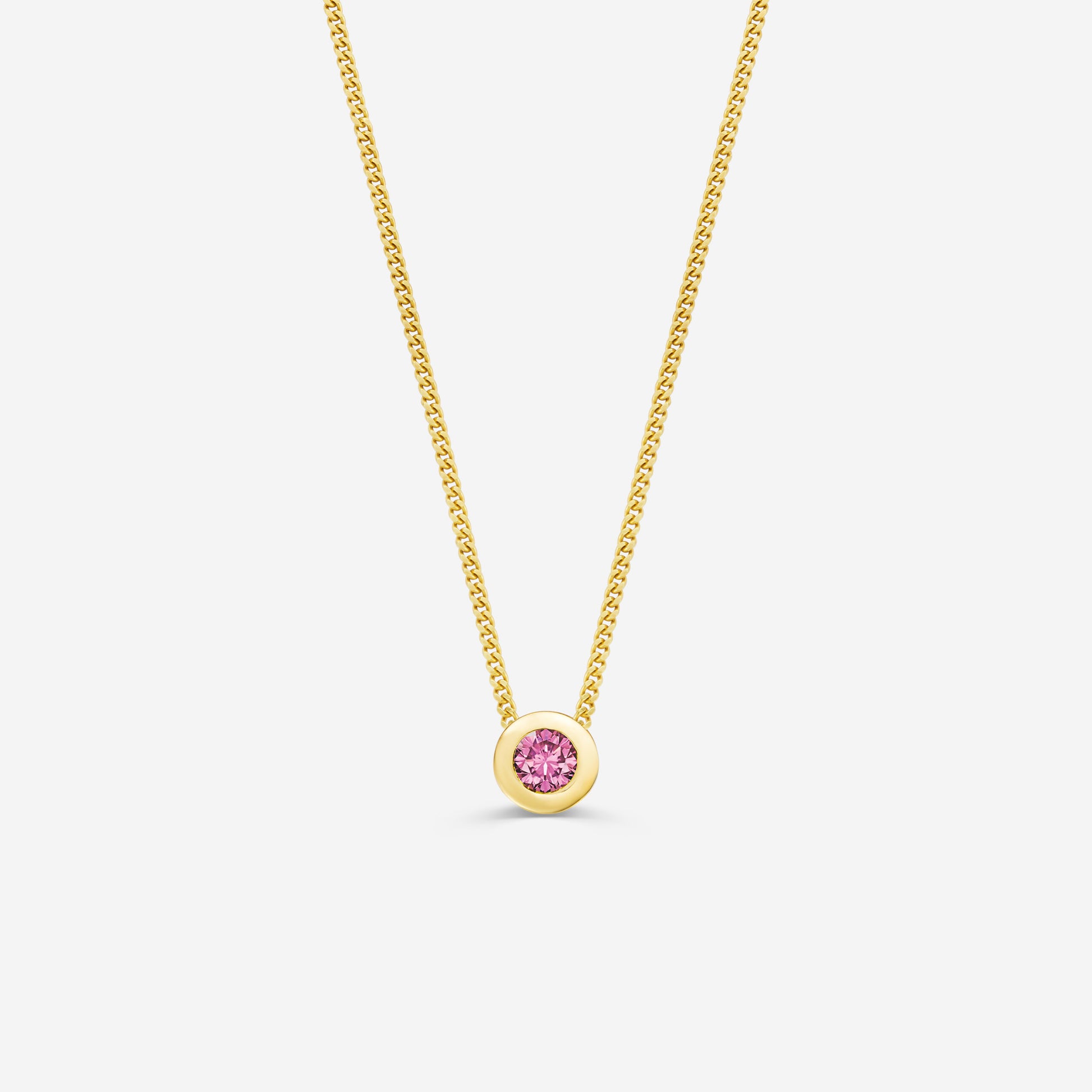9ct yellow gold necklace with a round pink tourmaline pendant on an off white background