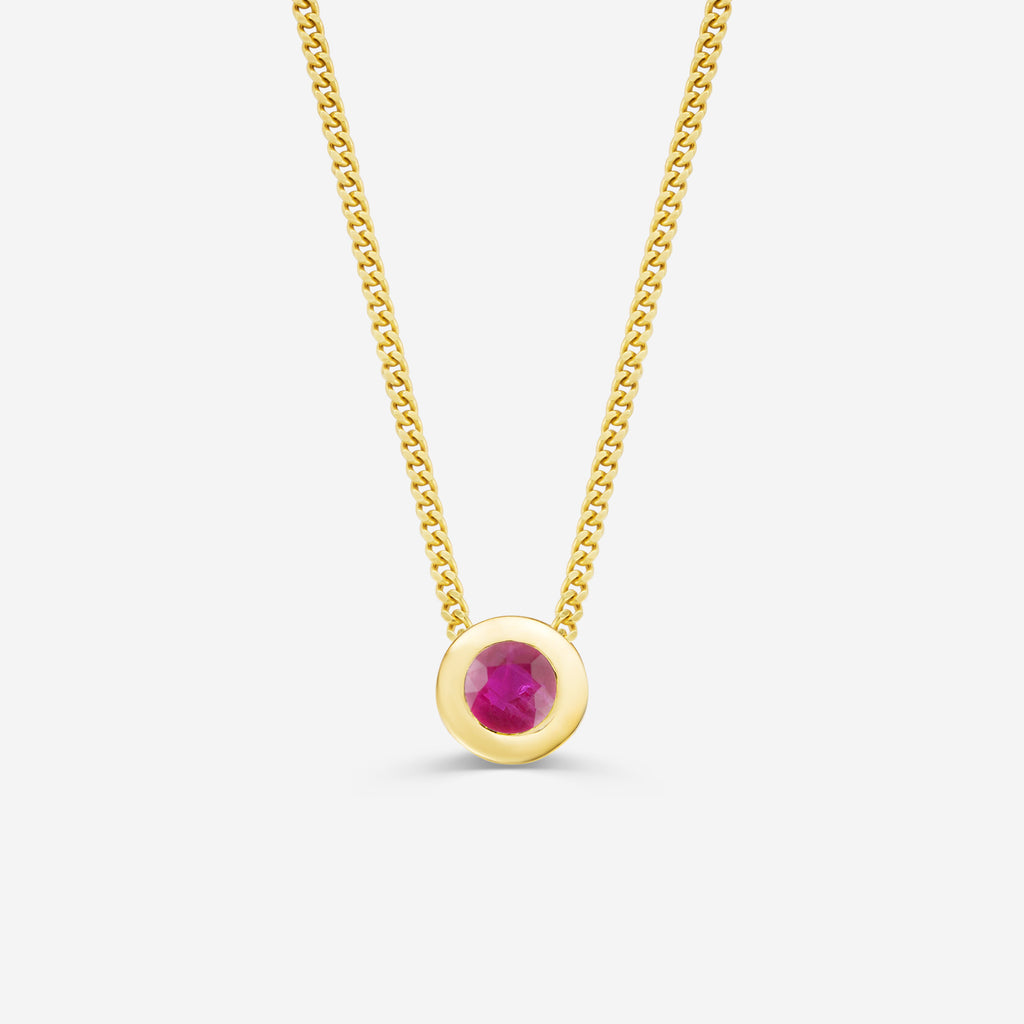 9ct yellow gold necklace with a round ruby pendant on an off white background