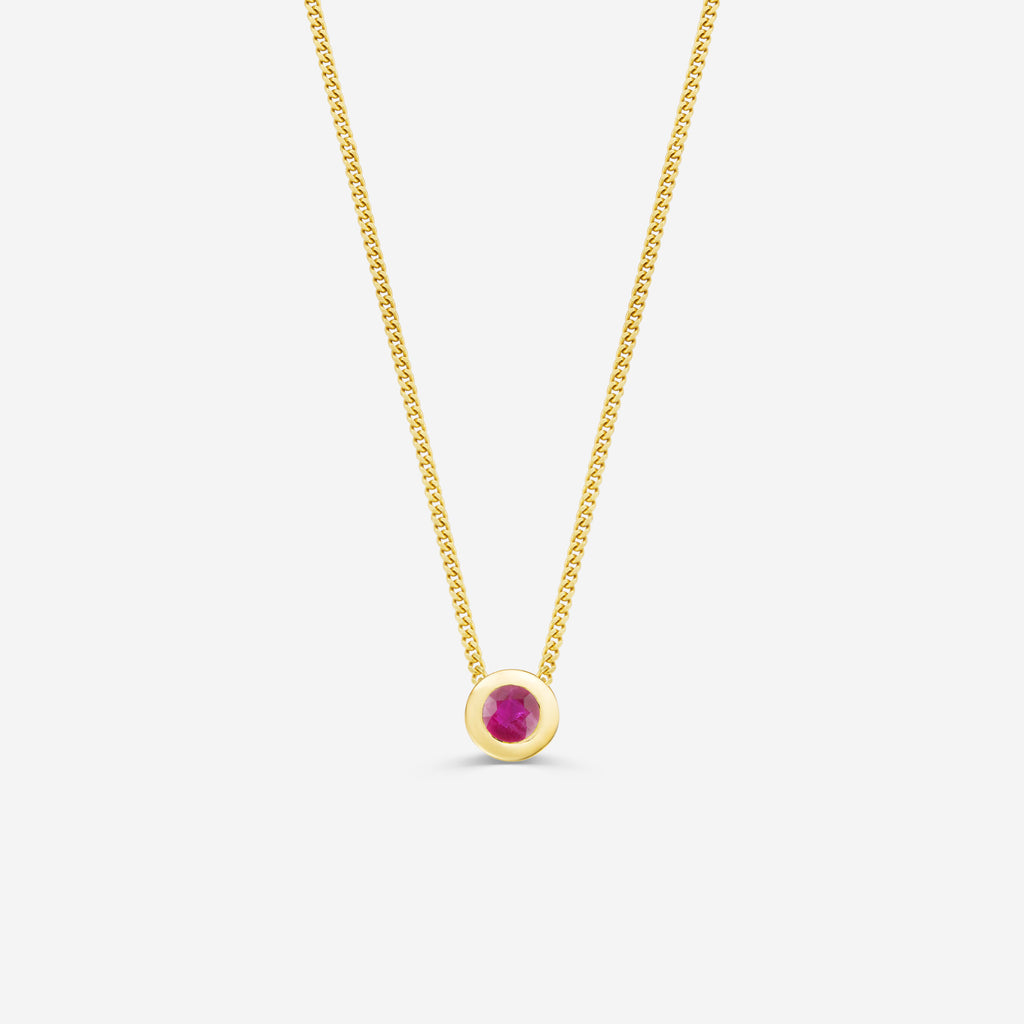 9ct yellow gold necklace with a round ruby pendant on an off white background