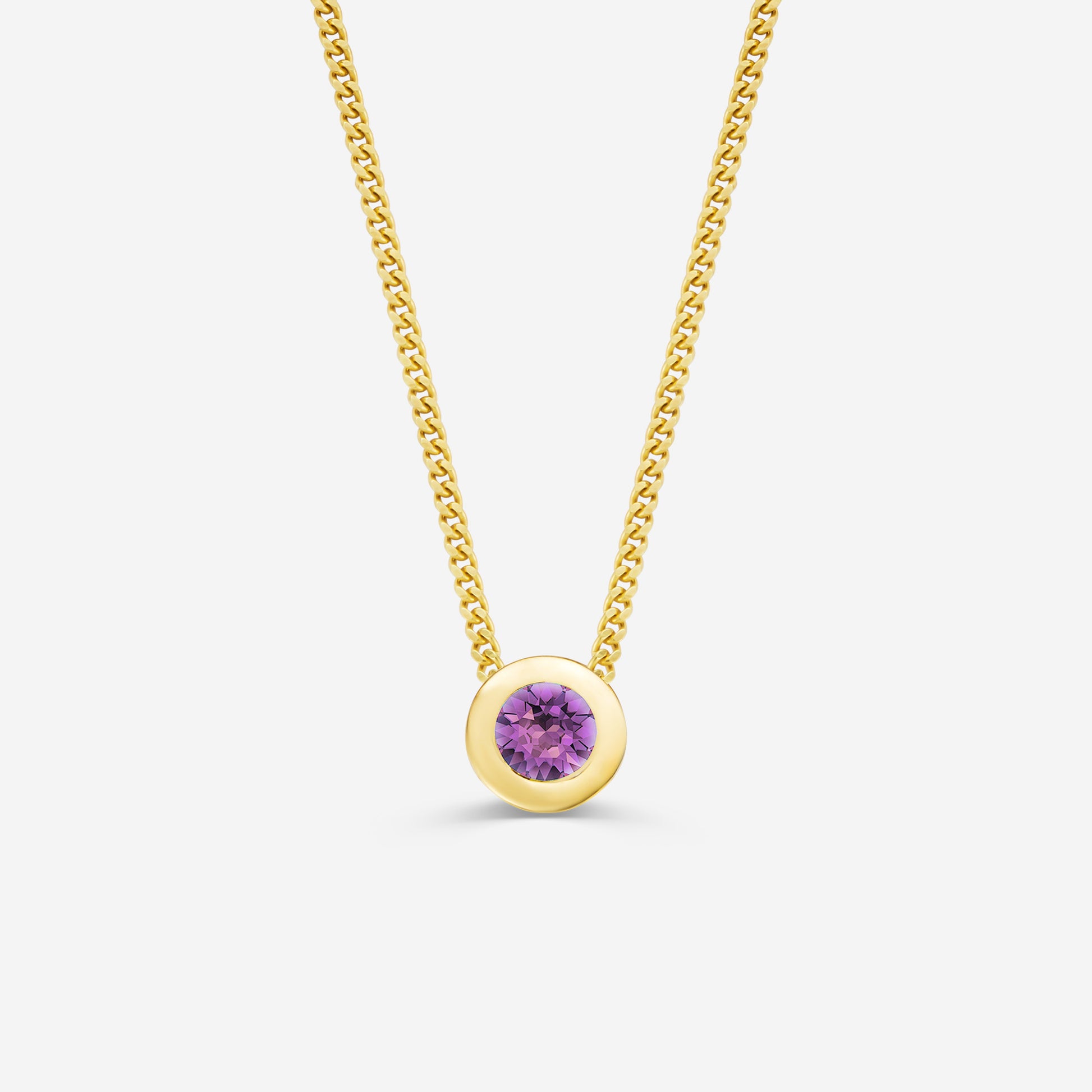 9ct yellow gold necklace with a round amethyst pendant on an off white background