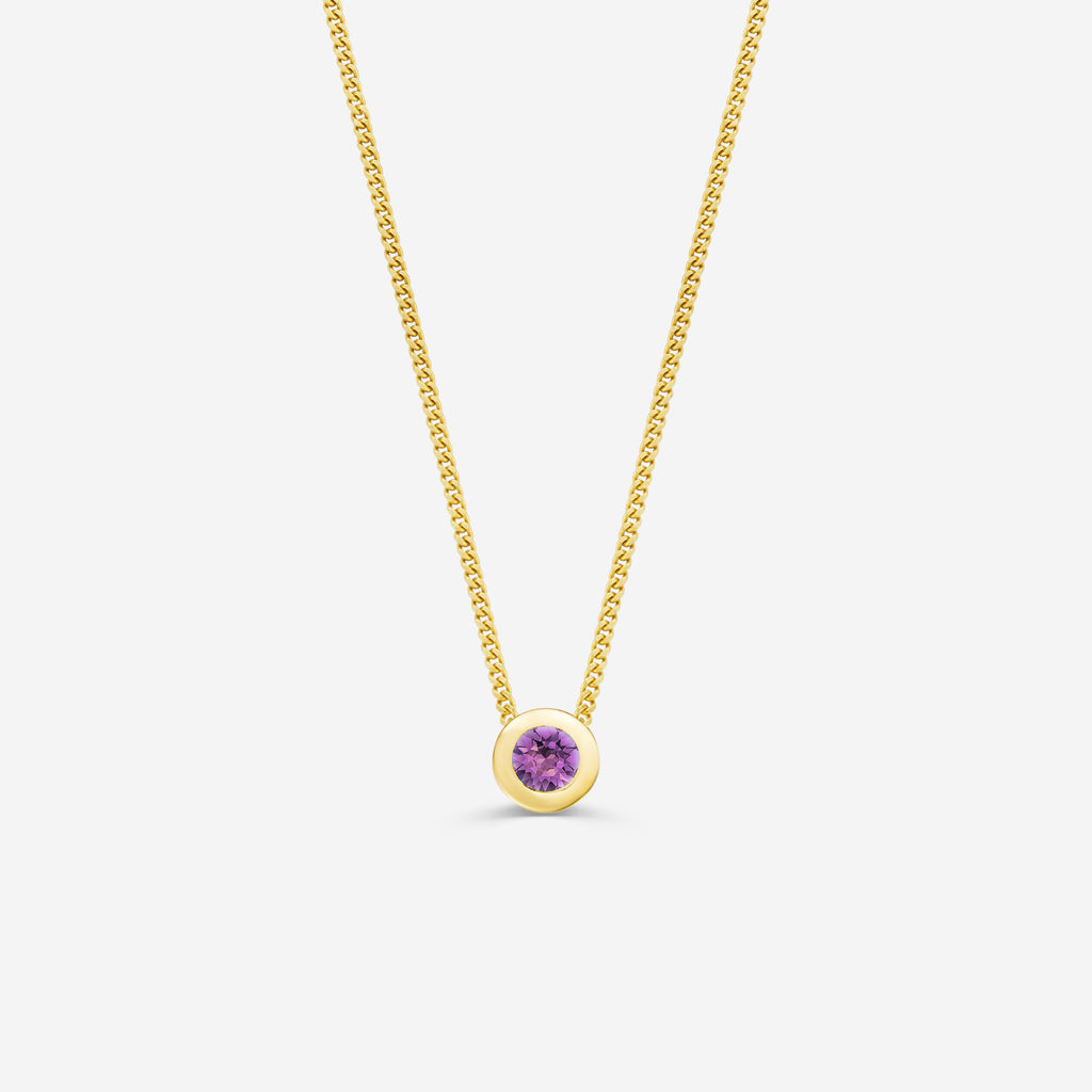 9ct yellow gold necklace with a round amethyst pendant on an off white background