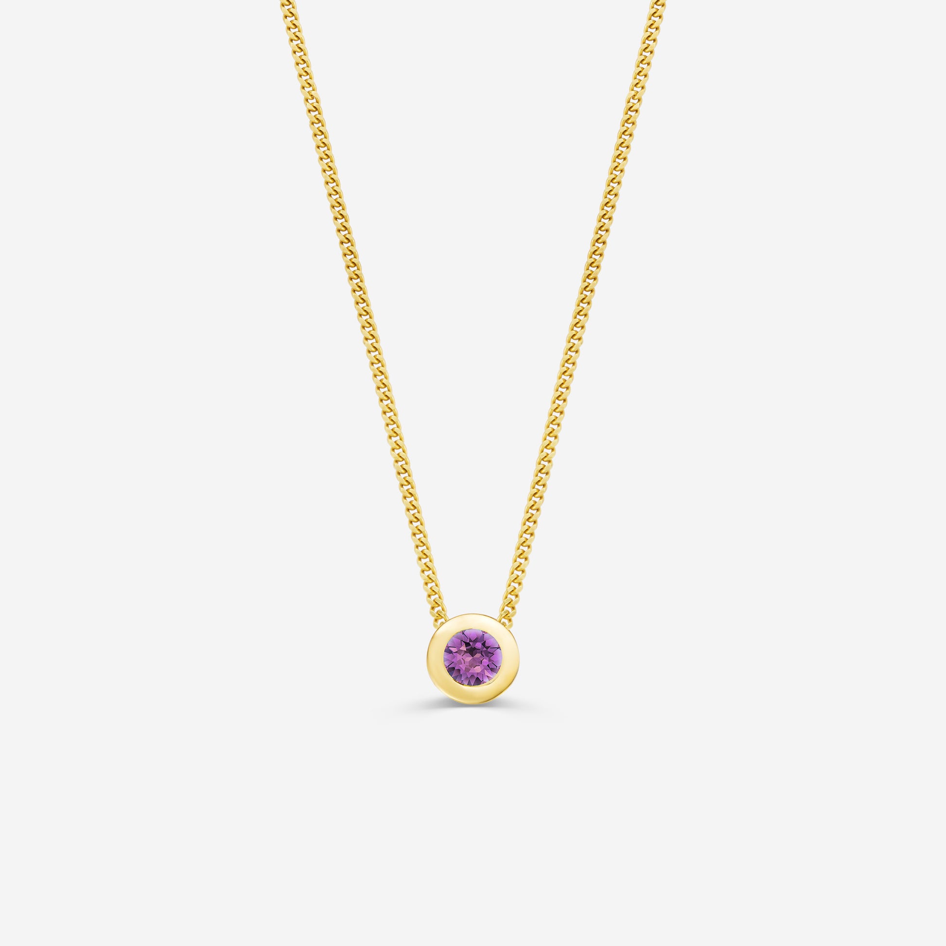 9ct yellow gold necklace with a round amethyst pendant on an off white background