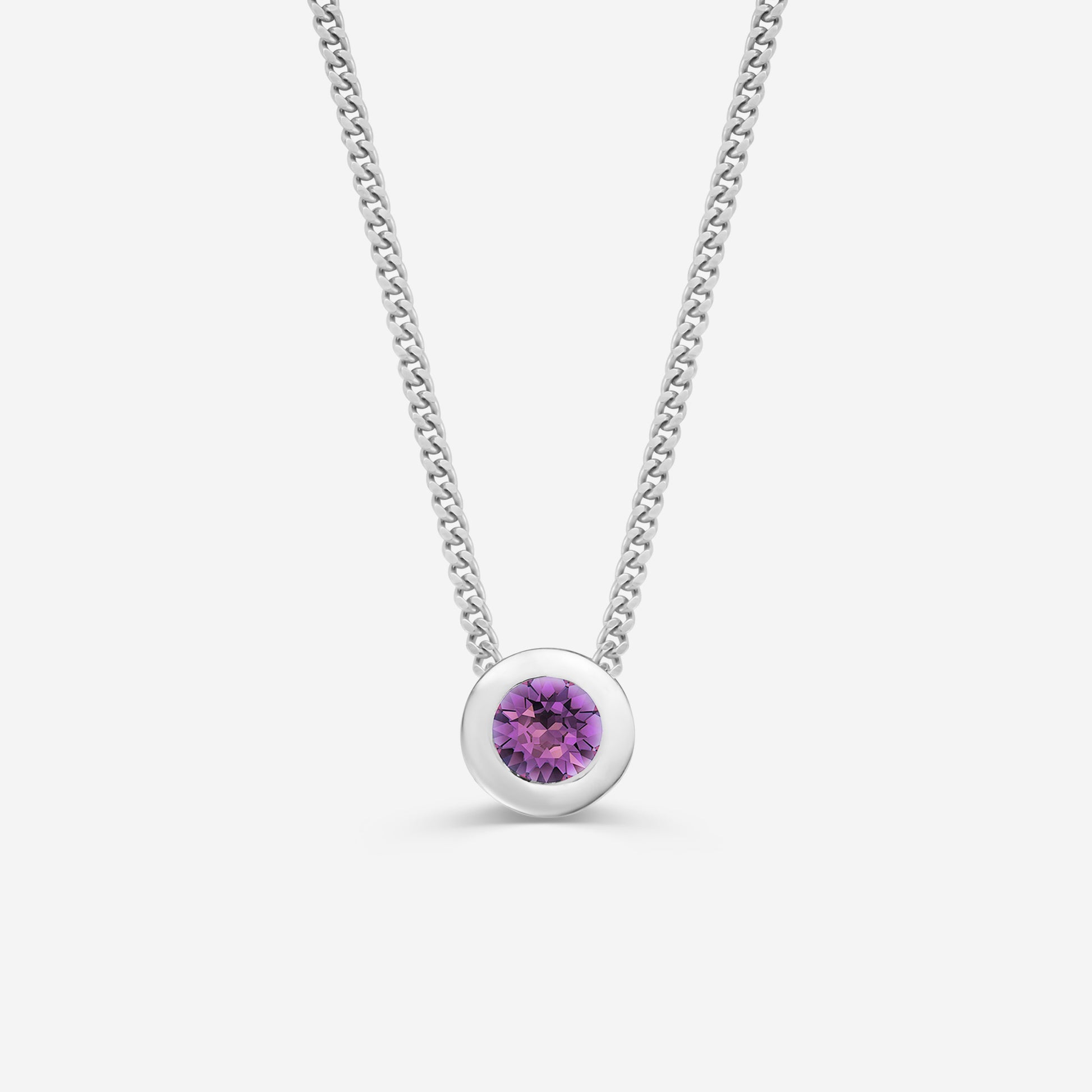 9ct white gold necklace with a round amethyst pendant on an off white background
