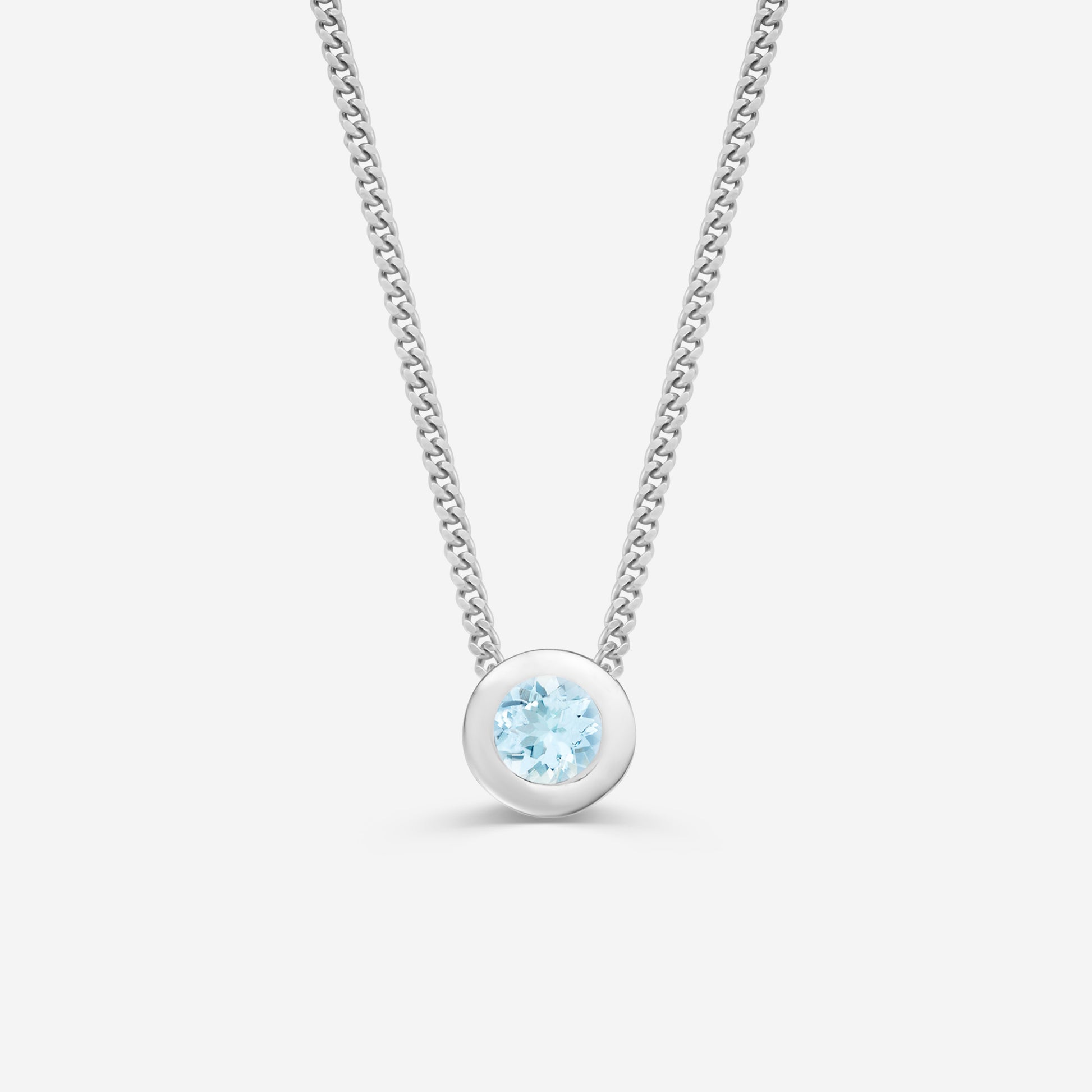 9ct white gold necklace with a round aqua pendant on an off white background