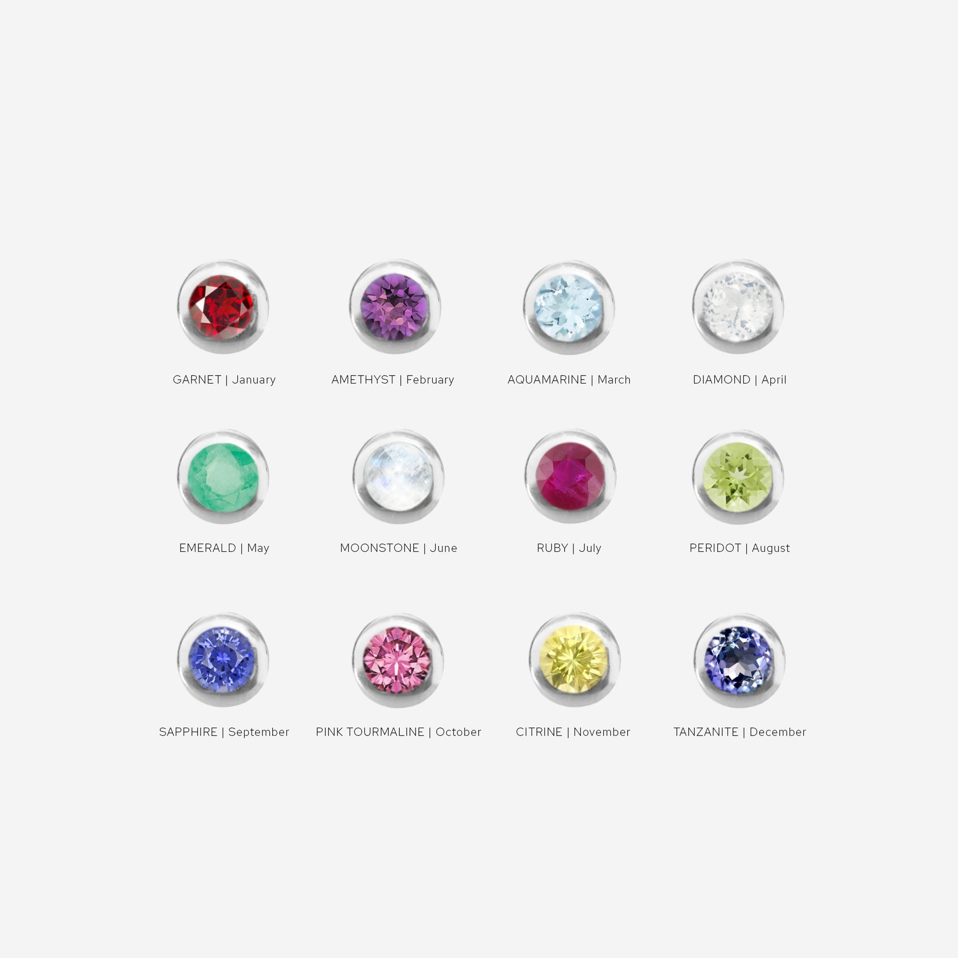Illustrations of 12 birthstones 9ct white gold charms with their corresponding months on an off white background