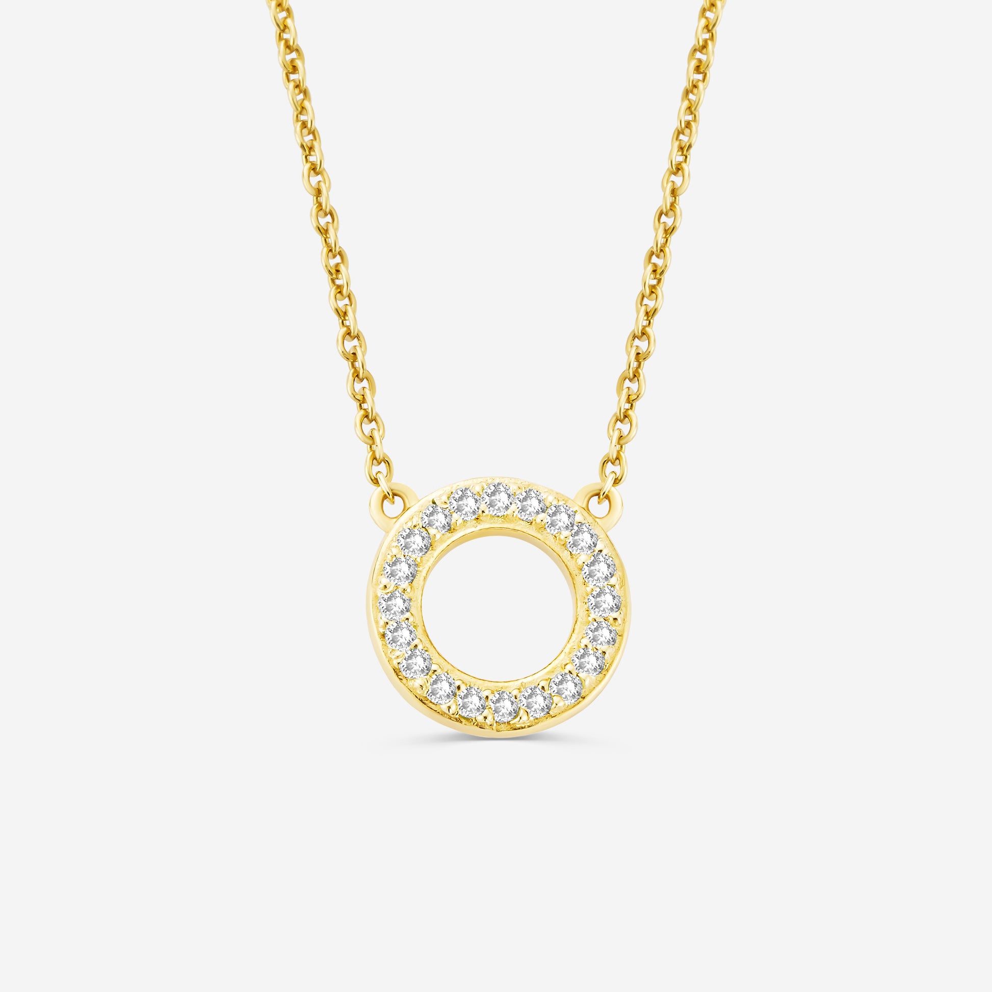 14ct yellow gold eternity necklace with a circular pendant set with diamonds on an off white background