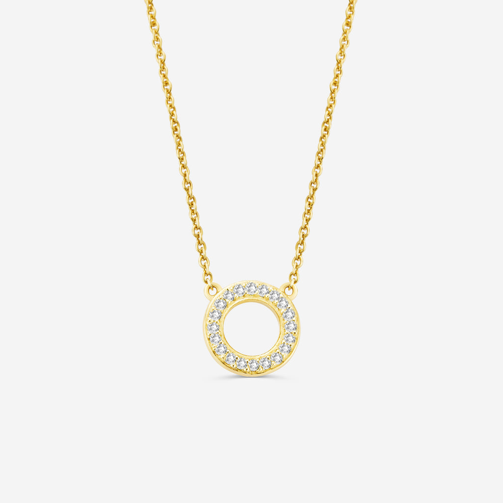 14ct yellow gold eternity necklace with a circular pendant set with diamonds on an off white background
