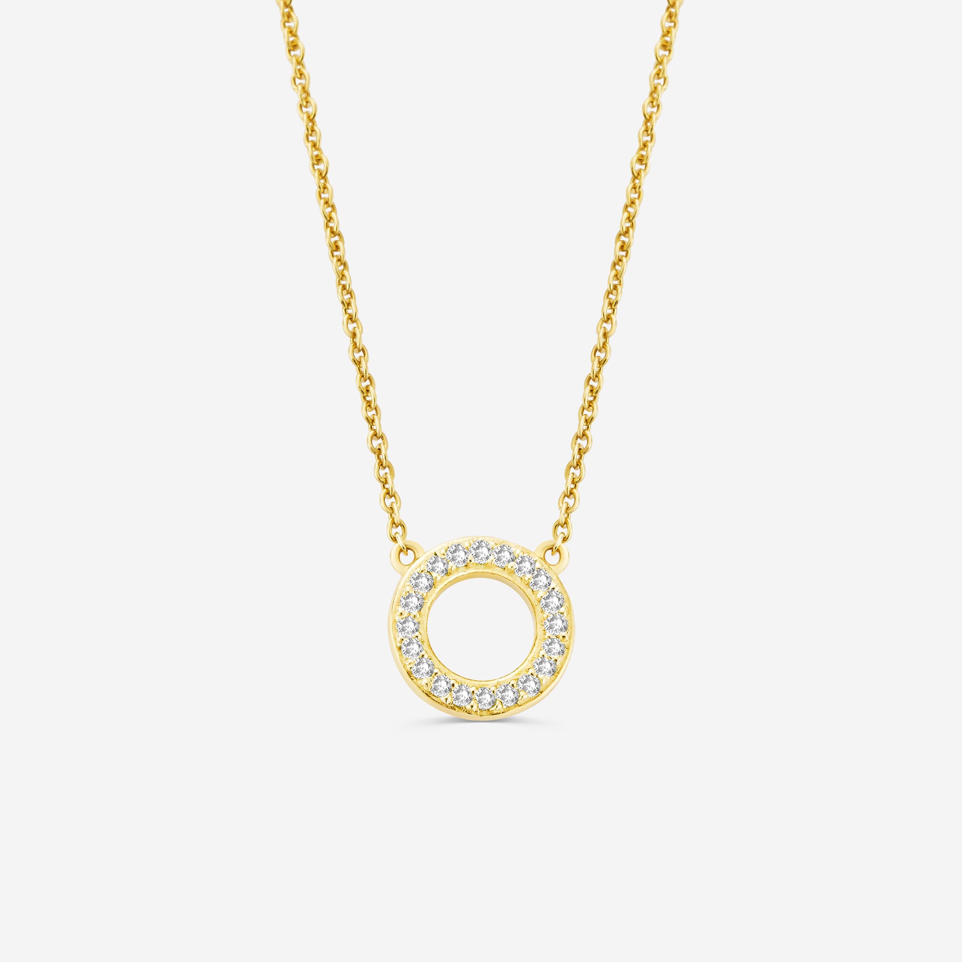 14ct yellow gold eternity necklace with a circular pendant set with diamonds on an off white background