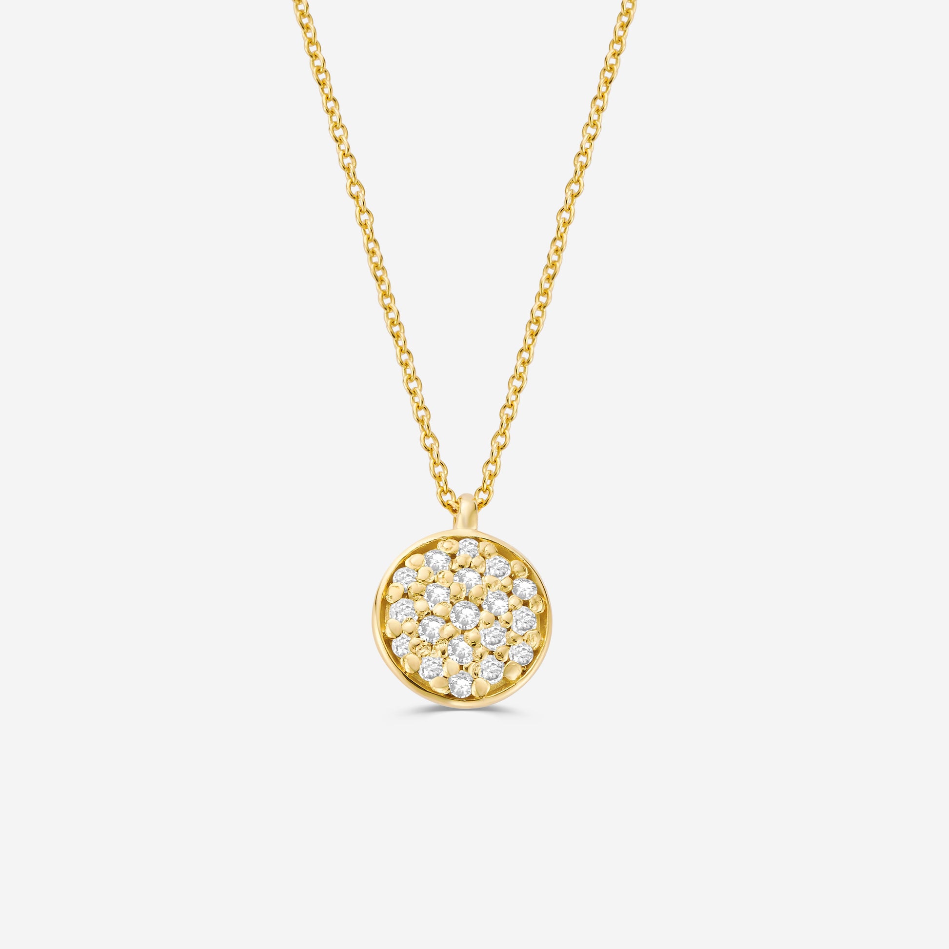 14ct yellow gold necklace with a round pave set diamond pendant on an off white background