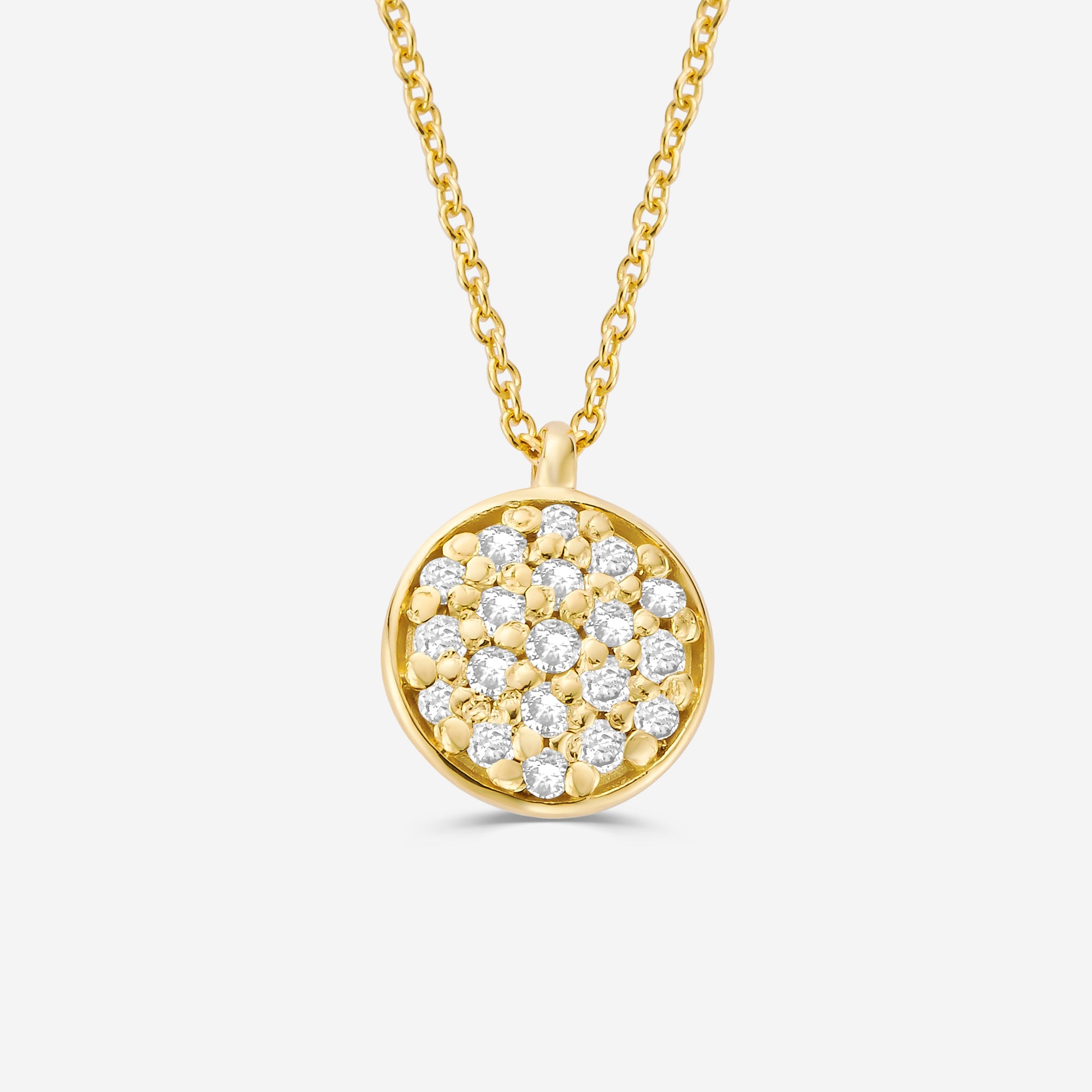 14ct yellow gold necklace with a round pave set diamond pendant on an off white background