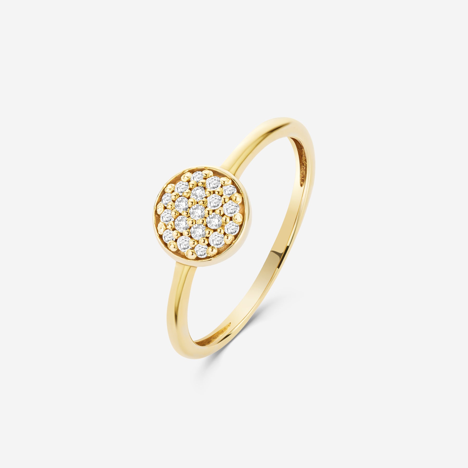 14ct yellow gold ring with a round diamond pavé setting on a white background