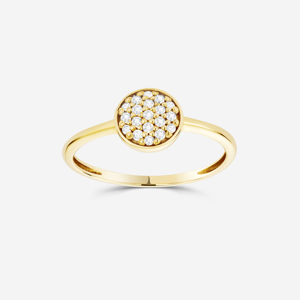 14ct yellow gold ring with a round diamond pavé setting on a white background