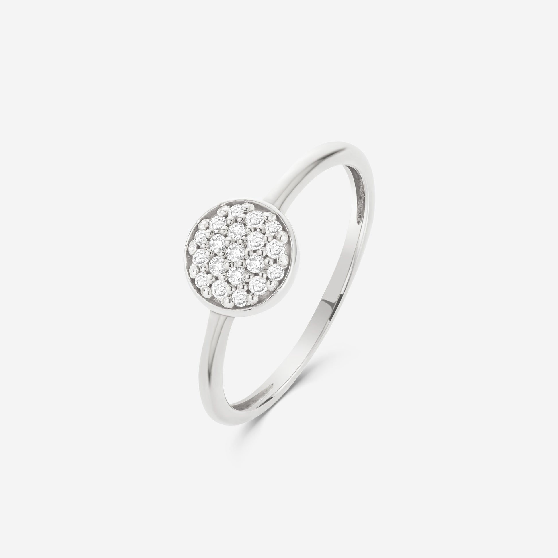 14ct white gold ring with a round diamond pavé setting on a white background