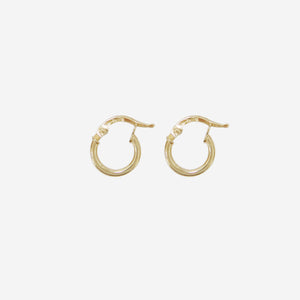 Pair of 14ct yellow gold mini hoop earrings on an off white background