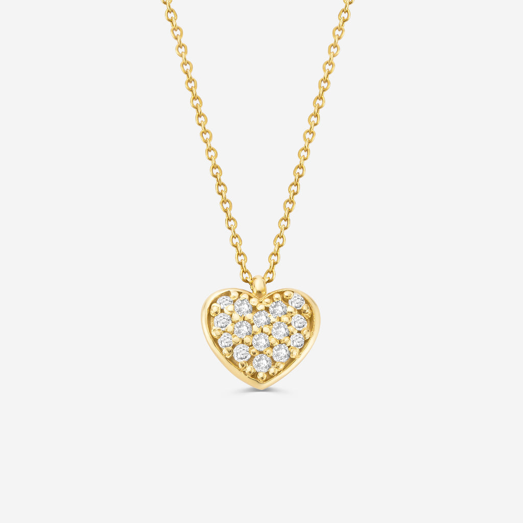 14ct gold necklace with a pave set diamond heart pendant on an off white background