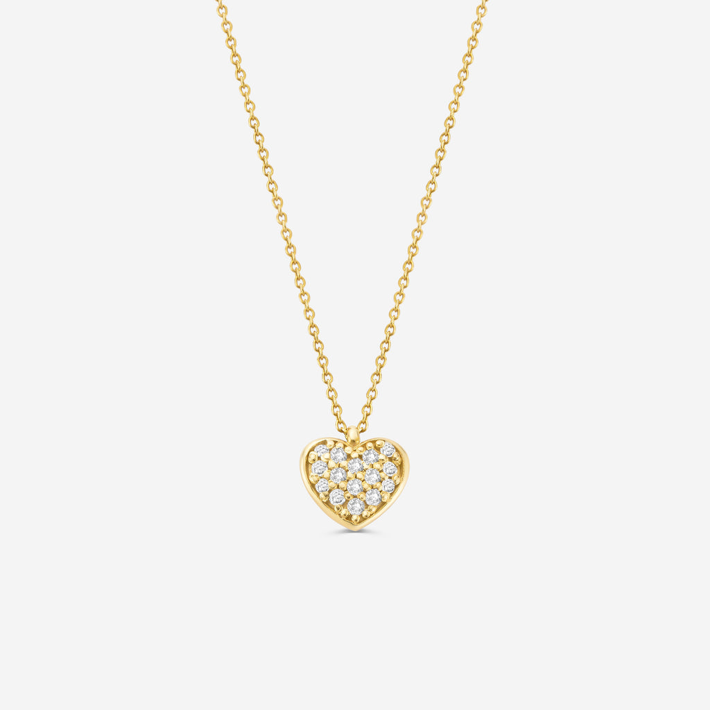 14ct gold necklace with a pave set diamond heart pendant on an off white background