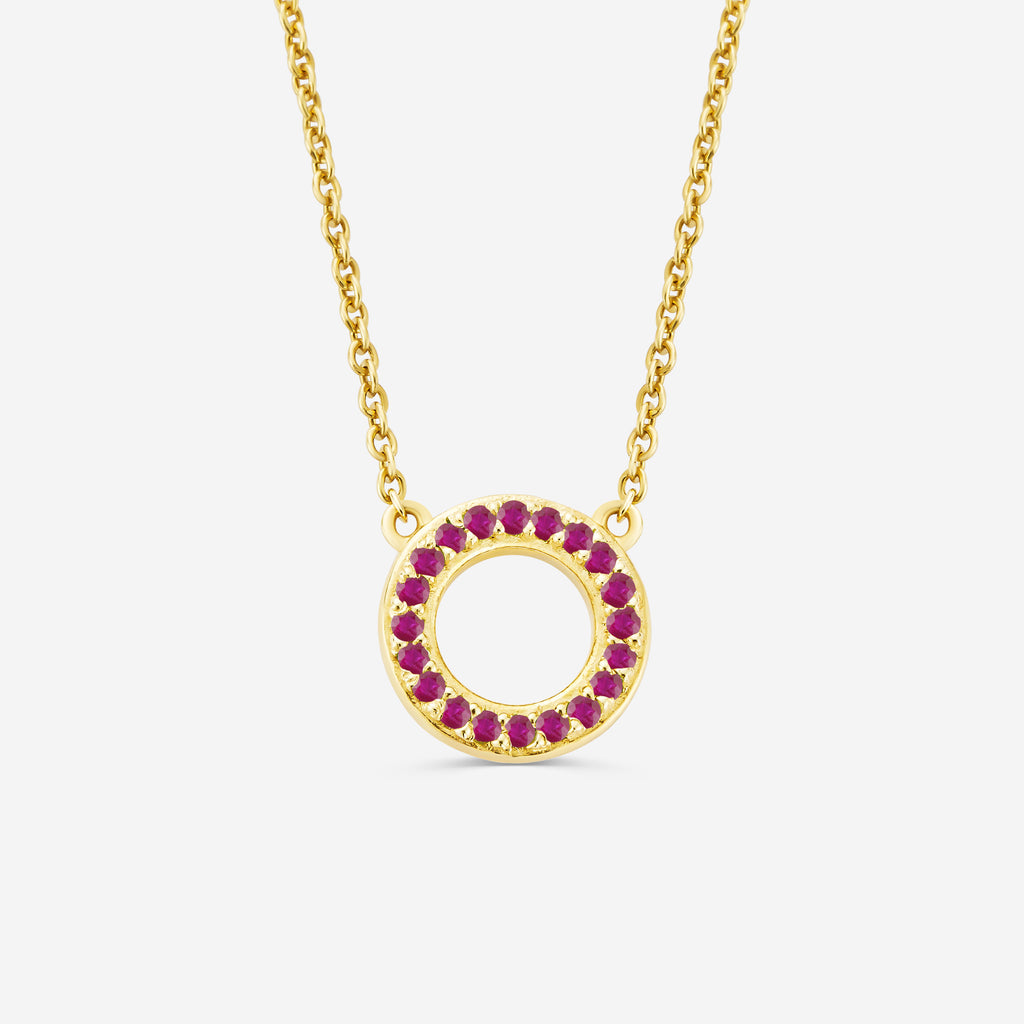 14ct yellow gold eternity necklace with a circular pendant featuring red ruby gemstones on an off white background