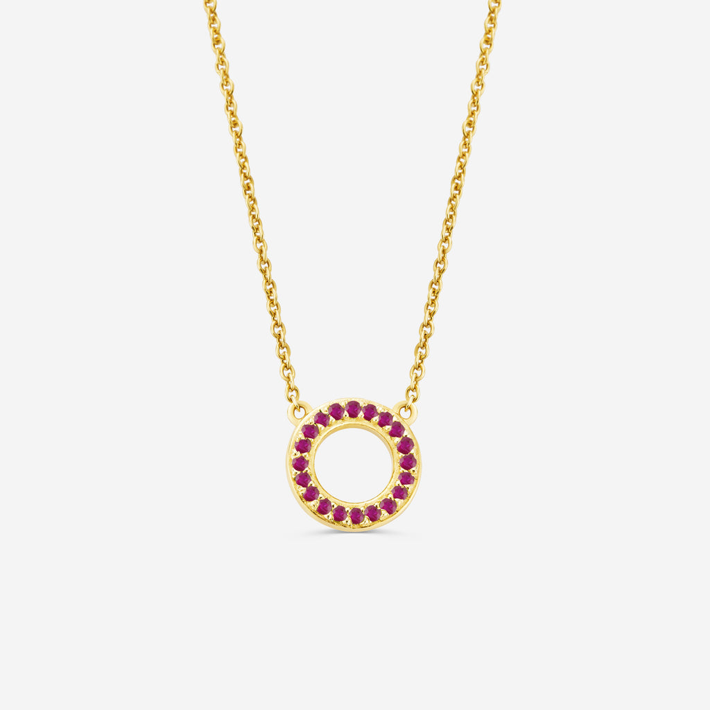 14ct yellow gold eternity necklace with a circular pendant featuring red ruby gemstones on an off white background